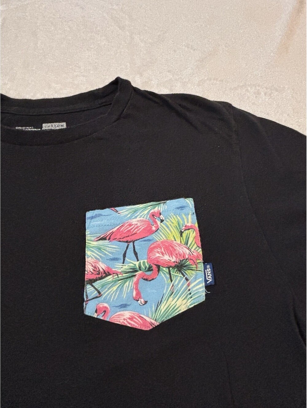 Vans Black T-Shirt with Pink Flamingo Pocket